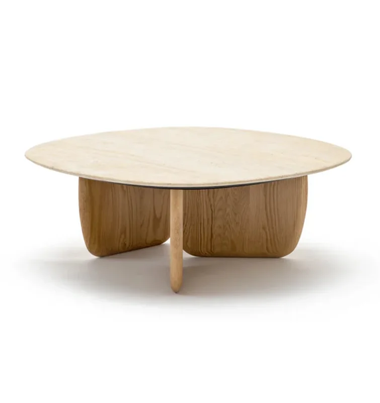 Eden Coffee Table, Light Oak, Travertine, 35.4"Dia 13.8" H
