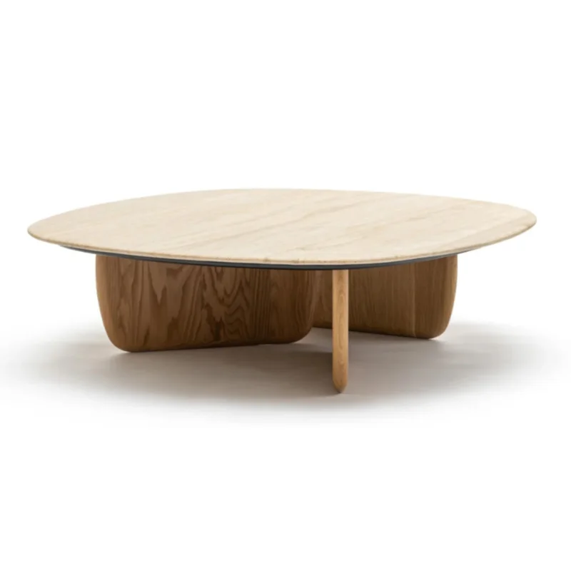 Eden Coffee Table, Light Oak, Travertine, 39.4"Dia 13.8" H