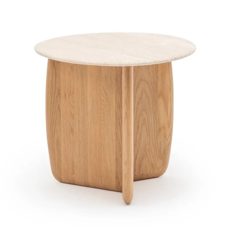 Eden Side Table, Light Oak/Travertine, 21.7" Dia 19.7"H