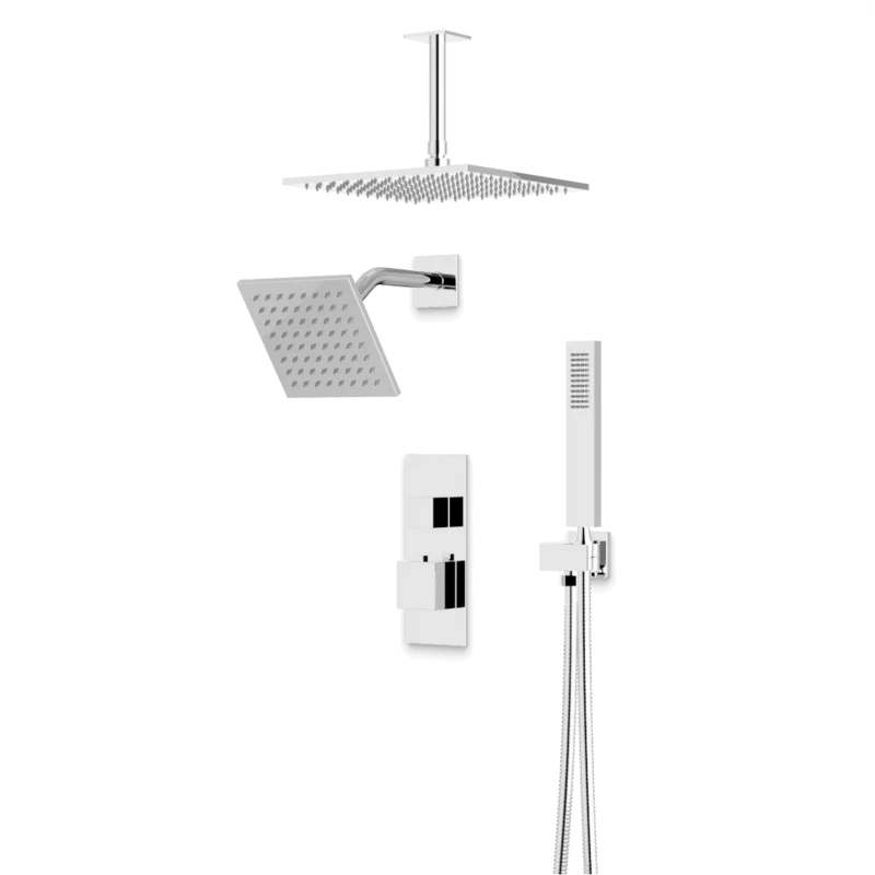 Edge Thermostatic Shower Trim Kit with Wall Mount Shower Head, Ceiling Mount Shower Head, Hand Shower