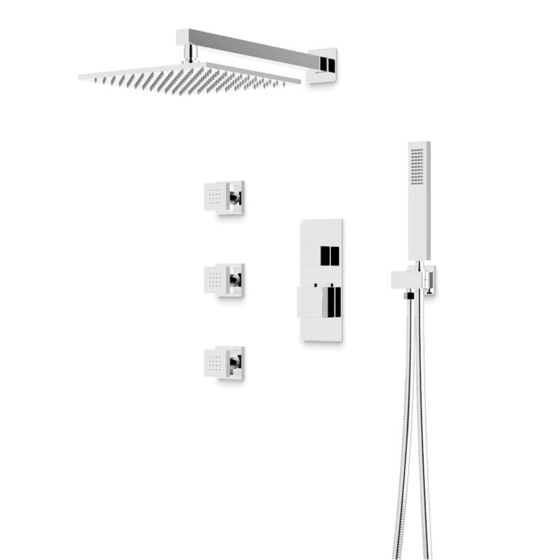 Edge Thermostatic Shower Trim Kit with Wall Mount Shower Head, Hand Shower, Body Jets