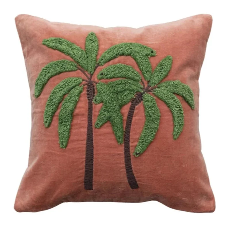 Embroidered Tufted Palm Trees Velvet Pillow, 18" x 18"