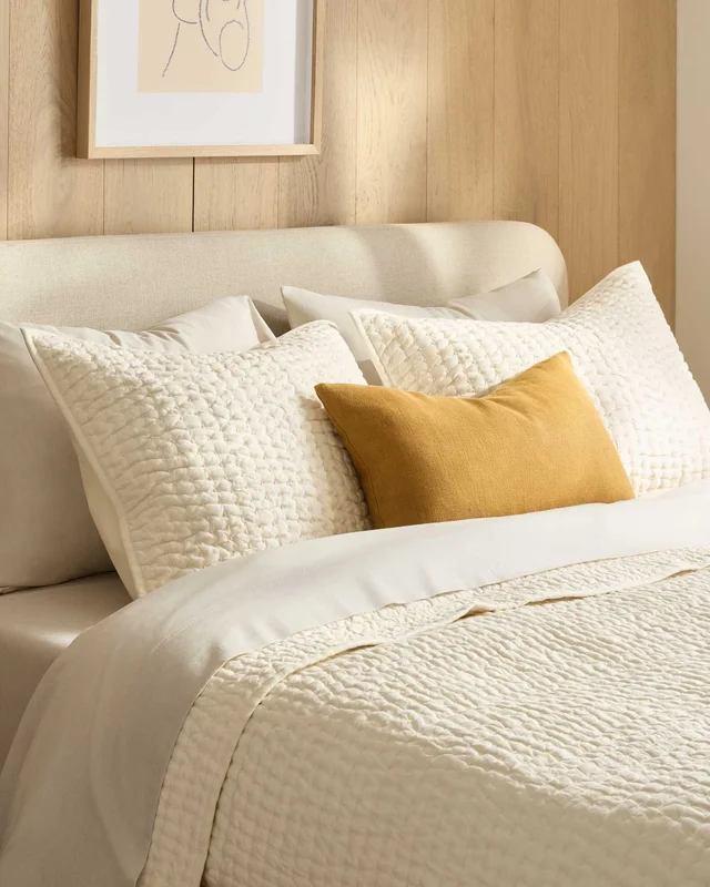 European Linen Cotton Stitch Quilt Collection - Ivory, 2 Sizes