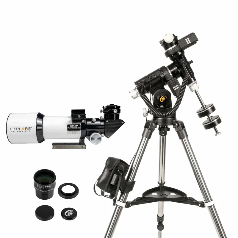 Explore Scientific ED80 Essential Series Air-Spaced Triplet Refractor Telescope with 0.8x Focal Reducer and iEXOS-100-2 PMC-Eight Equatorial Tracker System with WiFi and Bluetooth