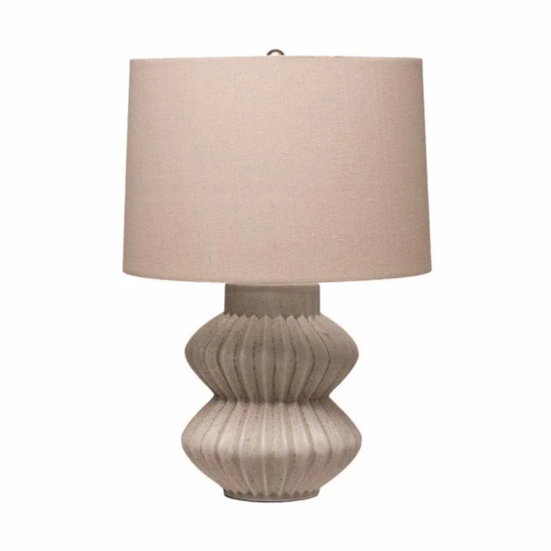 Fluted Terra-Cotta Table Lamp W/ Linen Shade, Distressed White Finish