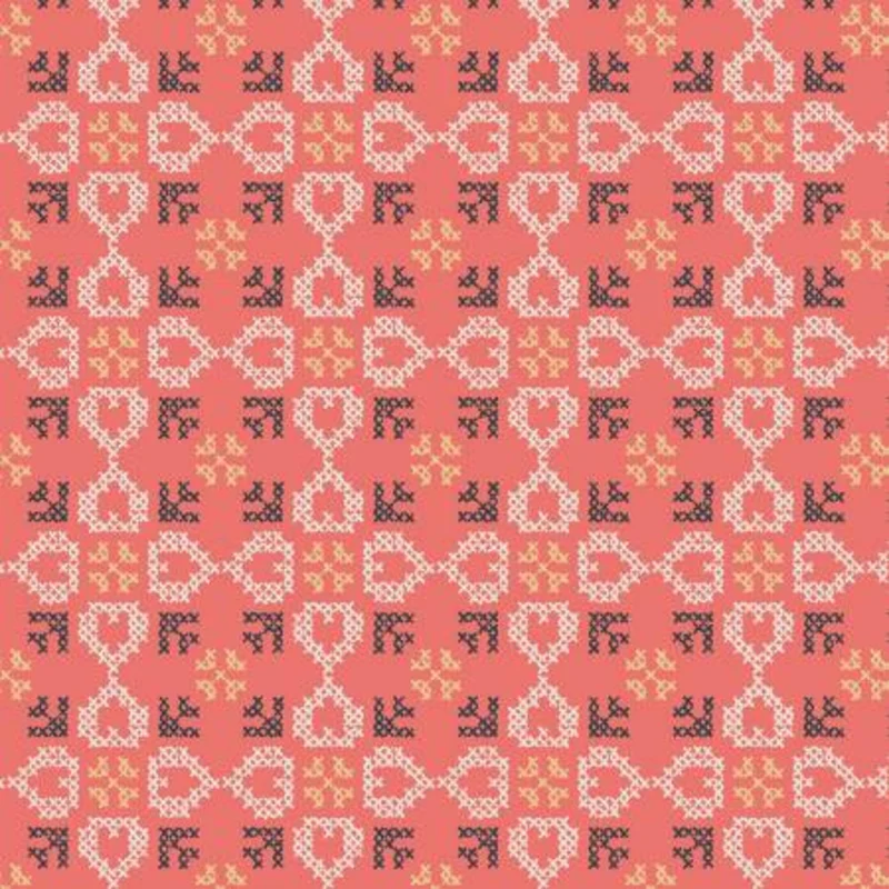 FOLK FLORAL: Cross stitch hearts on coral (1/4 Yard)