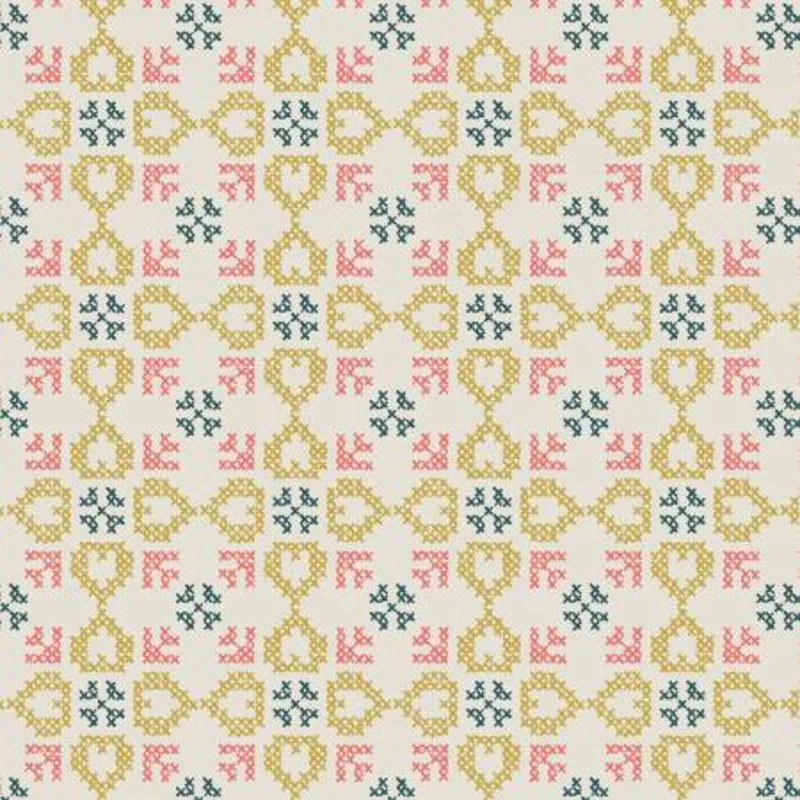 FOLK FLORAL: Cross stitch hearts on cream (1/4 Yard)