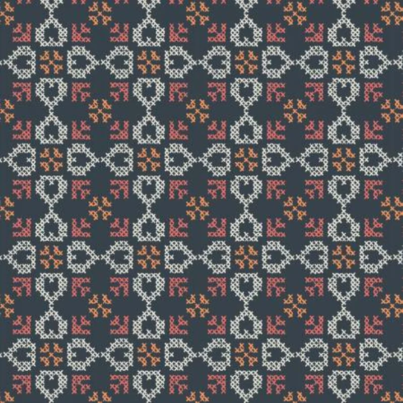 FOLK FLORAL: Cross stitch hearts on navy blue (1/4 Yard)