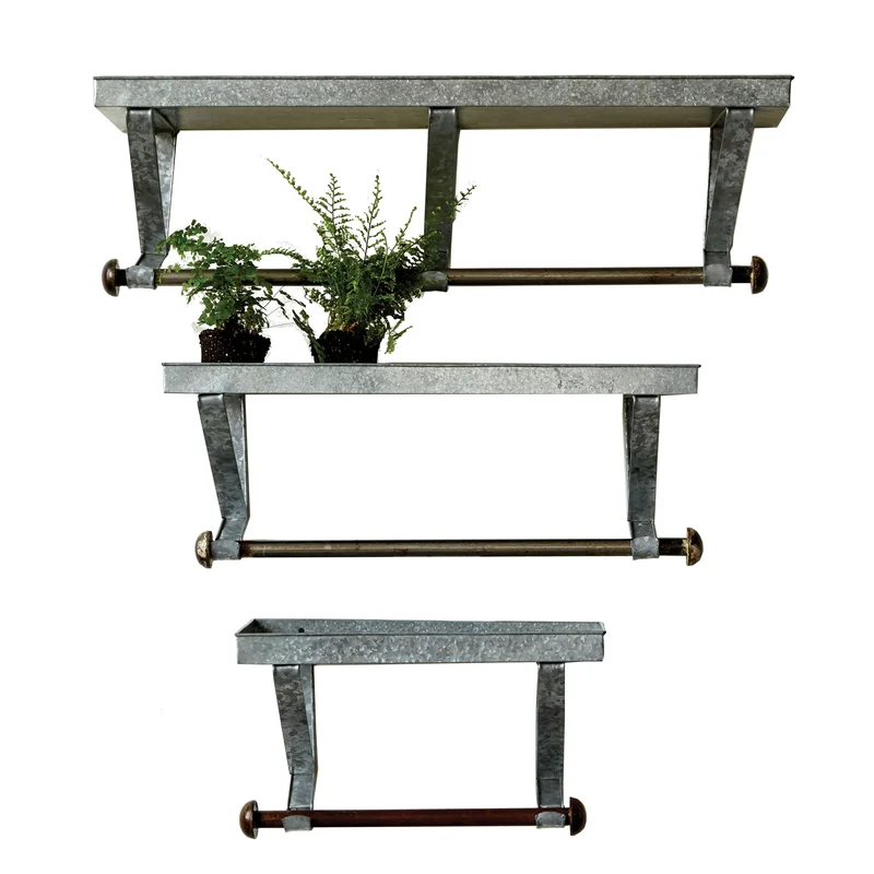 Galvanized Metal Wall Racks w Shelf & Rod, Set of 3