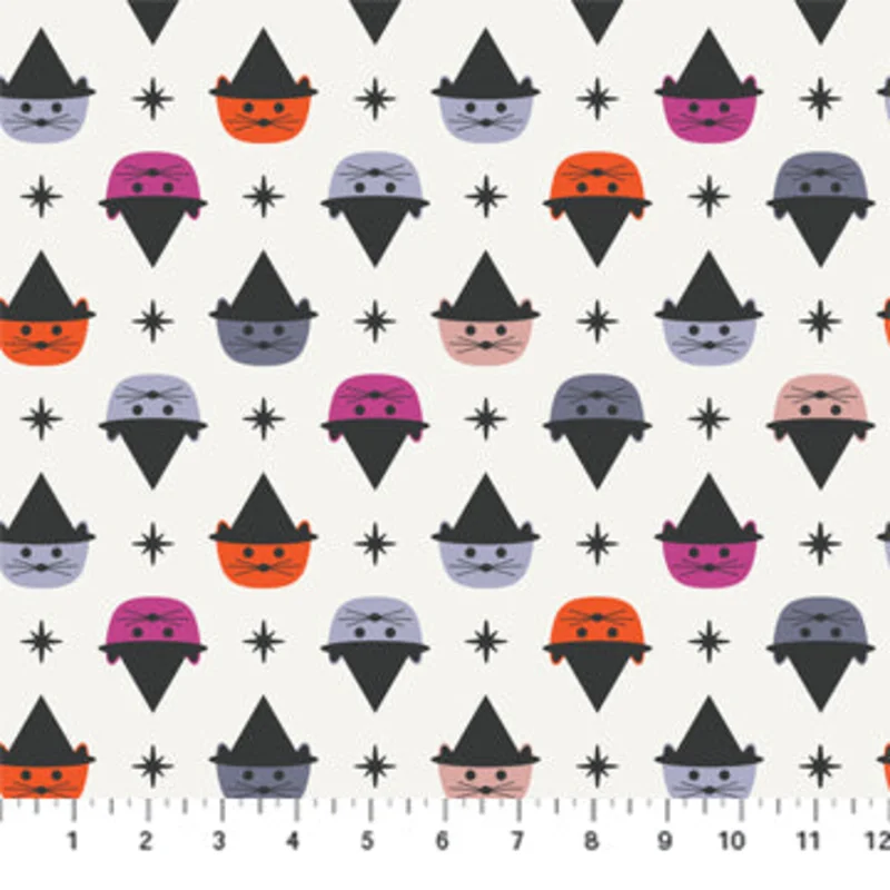 GHOST TOWN: White Multi Cats in Hats (1/4 Yard)