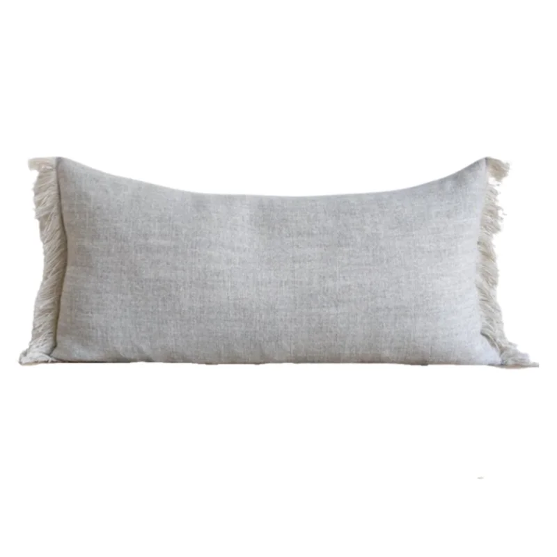 Gray Belgian Linen Fringe Pillow, 16" x 32"