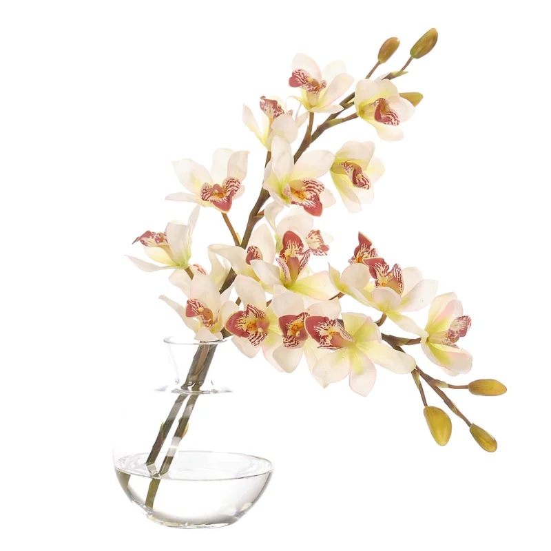 Green Cymbidium Orchids Silk Arrangement in Glass Bubble, 16" H