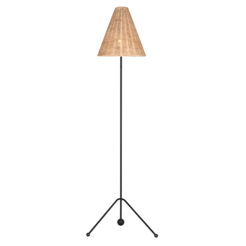 Gustav Medium Floor Lamp, Aged Iron with Blonde Rattan Shade