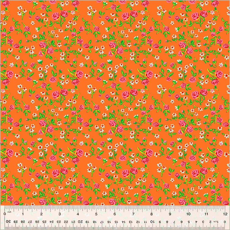 Heather Ross BY HAND: Mousy Floral-Tangerine (1/4 Yard)