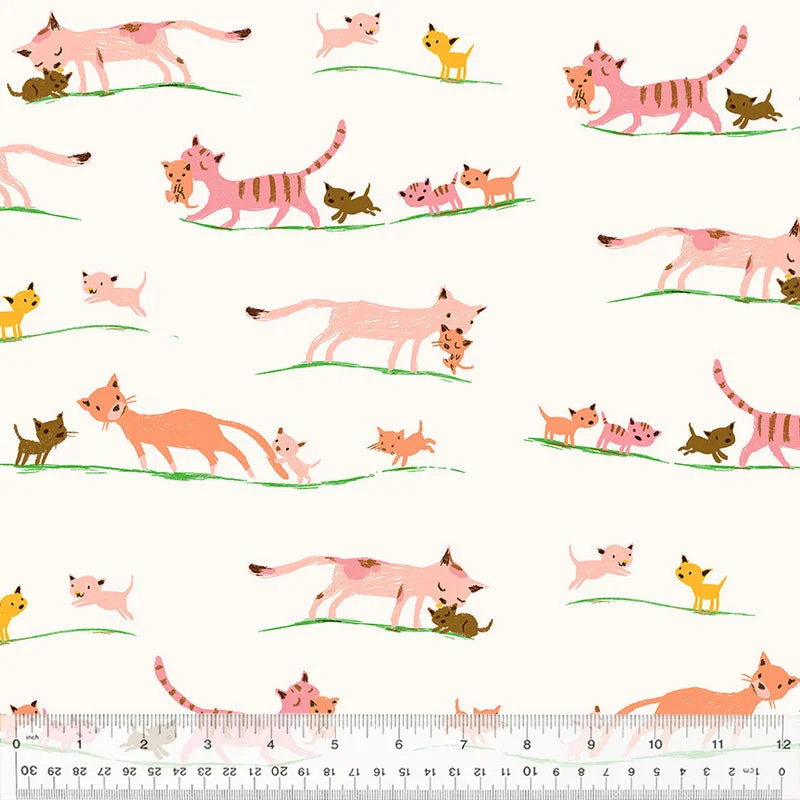 Heather Ross STUDIO EDIT: 58" Marching Kittens-Cream Minky (1/4 Yard)