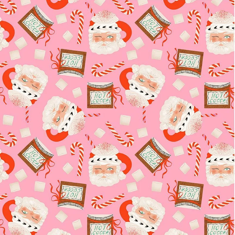 HOLLY JOLLY: Santa Mugs-Flamingo (1/4 Yard)