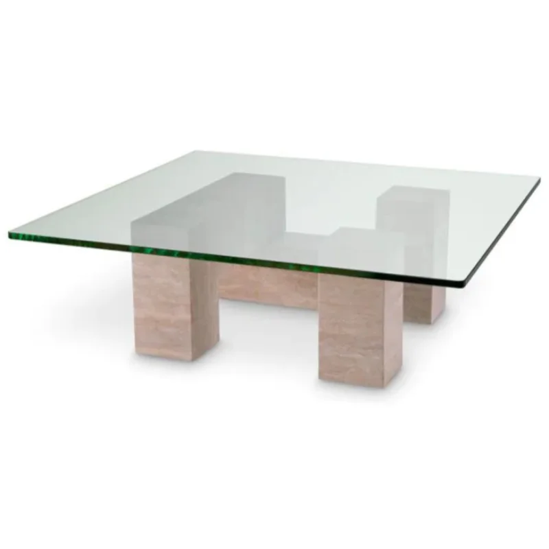 Ikal Coffee Table, Travertine/Clear Glass, 39.4 W x 39.4