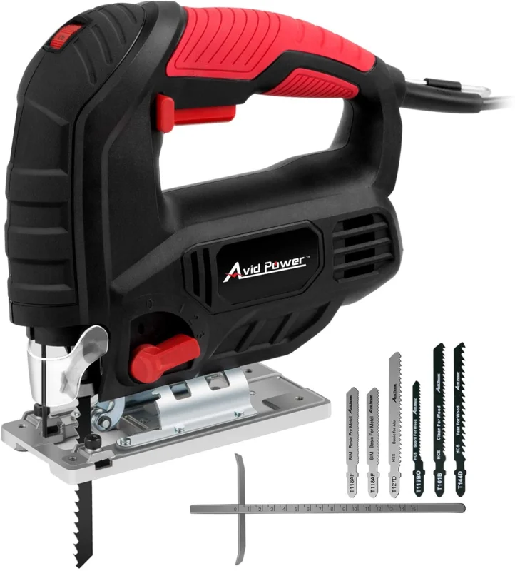 Jigsaw, Avid Power 7.0A 3000 SPM Jig Saw with Laser Guide, Variable Speed, Bevel Angle (0-45), 6PCS Blades and Scale Ruler