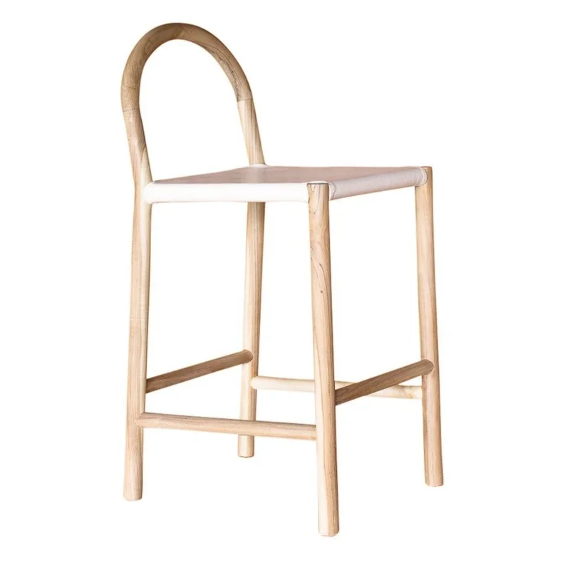 Julia Counter Stool, White Leather w/ Natural Teak Wood