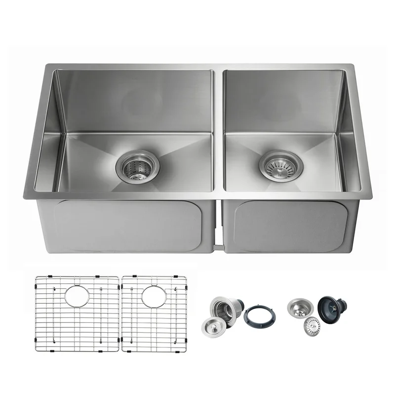 KIBI 32-3/4 Handcrafted Undermount Double Bowl Stainless Steel Kitchen Sink K1-D33-BS