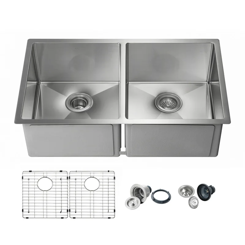 KIBI 32-3/4 Handcrafted Undermount Double Bowl Stainless Steel Kitchen Sink K1-D33-EQ