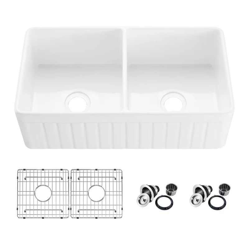 KIBI 33 Fireclay Farmhouse Double Bowl Kitchen Sink Pillar Series K2-DF33PI