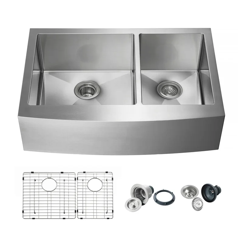 KIBI 33 Handcrafted Farmhouse Apron Double Bowl Stainless Steel Kitchen Sink K1-DF33