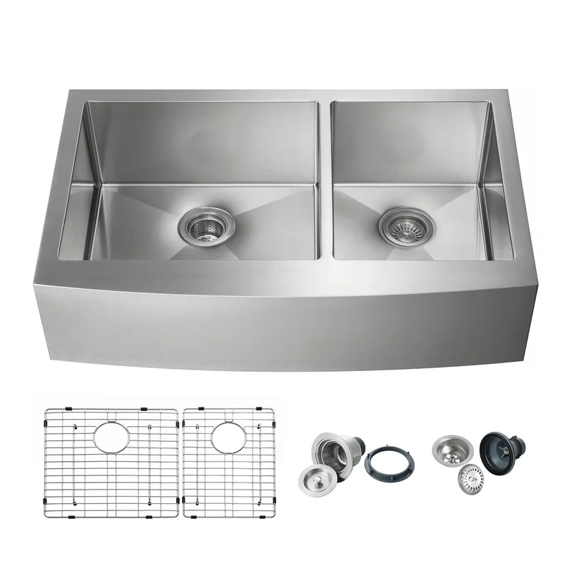 KIBI 36 Handcrafted Farmhouse Apron Double Bowl Stainless Steel Kitchen Sink K1-DF36