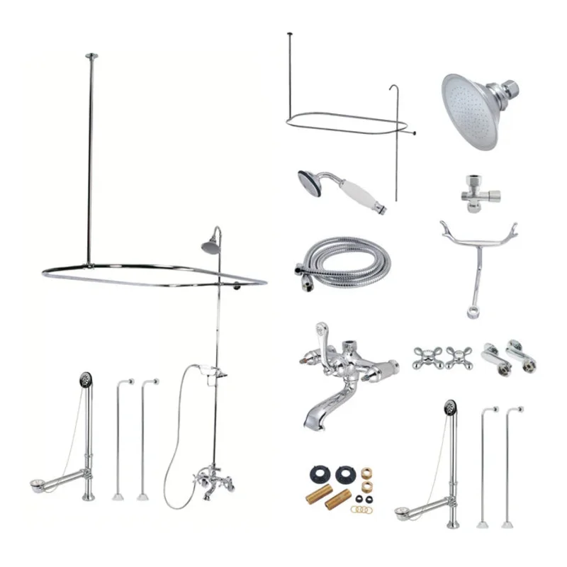 Kingston - Tub Faucets - Vintage CCK114AX (Metal Cross) Three-Handle 2-Hole Tub Wall Mount Clawfoot Tub Faucet Package with Shower Enclosure and Hand Shower