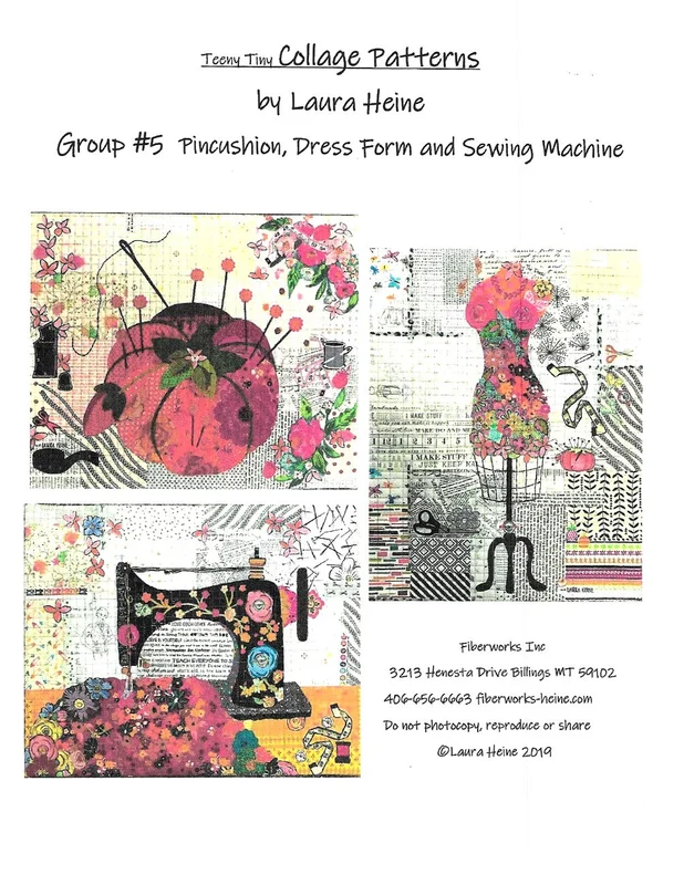 LAURA HEINE: Teeny Tiny Collage Pattern Pincushion-Dress Form-Sewing Machine