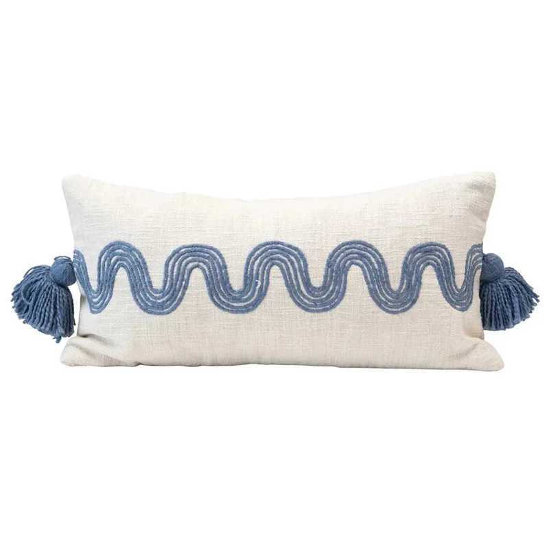 Lumbar Pillow with Embroidered Pattern & Tassels, 24" x 12"