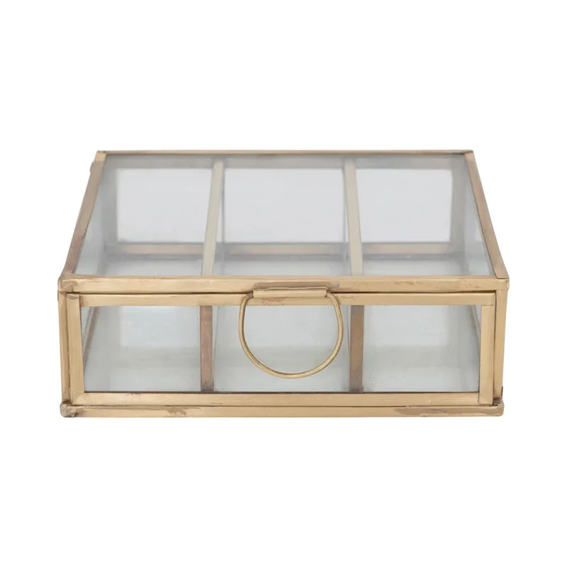 Metal and Glass Box with 3 Compartments, Brass Finish