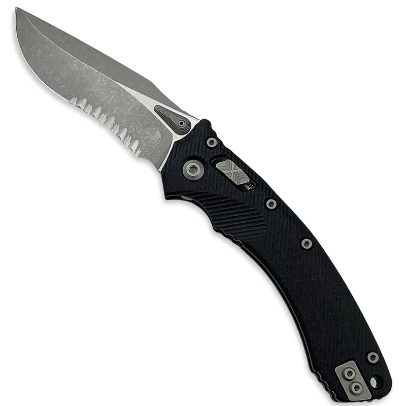 Microtech 137RL-11APFLGTBK - Amphibian RAM-LOK Apocalyptic Partially Serrated Black G10