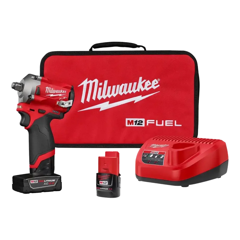 Milwaukee M12 Fuel 1/2" Dr Cordless Stubby Impact Wrench Kit, 250 Ft/Lb, 2 Bat. - 2555-22