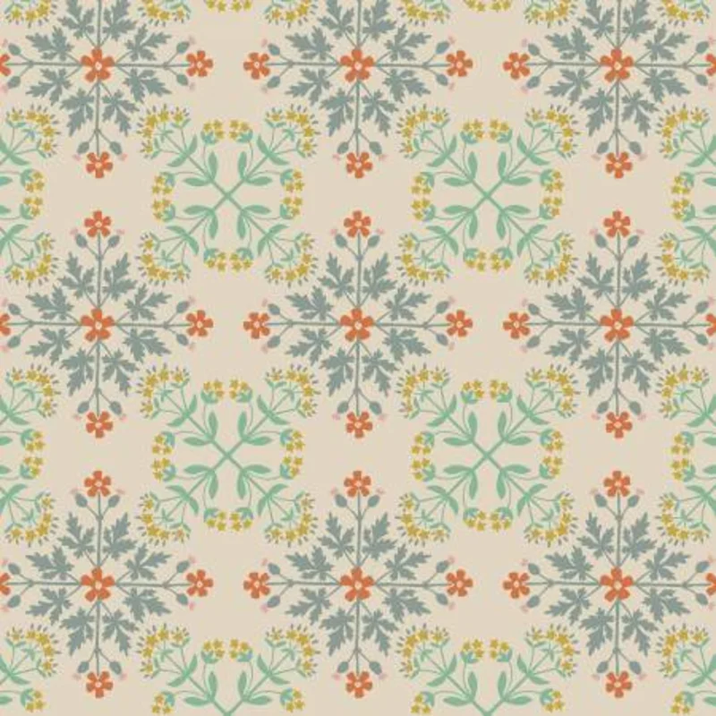 MOJOLICA: Floral tile on dark cream (1/4 Yard)