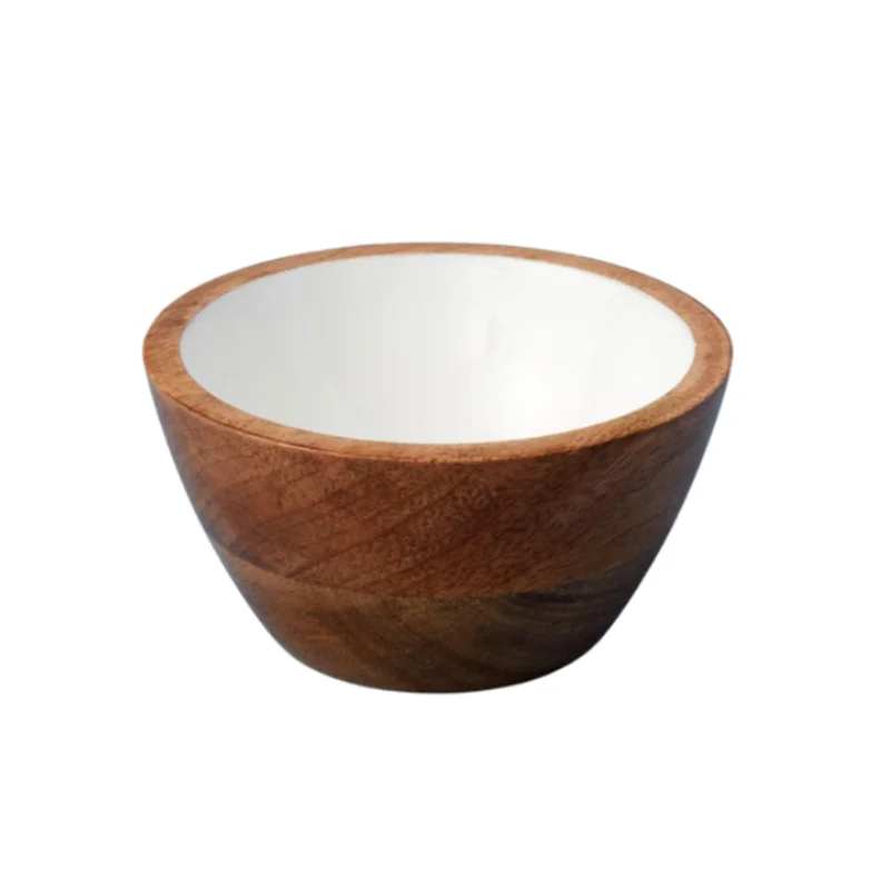 Natural Mango Wood Mini Round Bowl with Enamel Finish