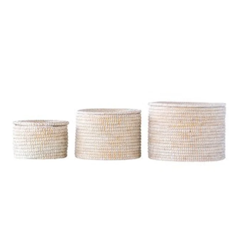 Natural Woven Seagrass Baskets W/ Lid, Whitewashed, 3 Sizes