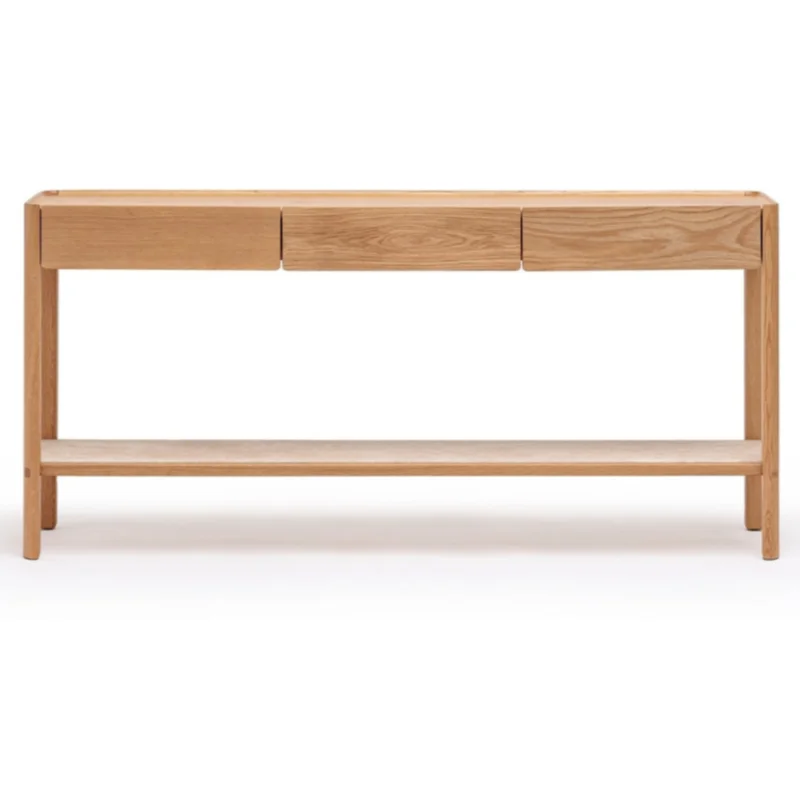 Nell Console Table, Light Oak with Travertine Shelf, 63"W 13.75"D 29.5"H