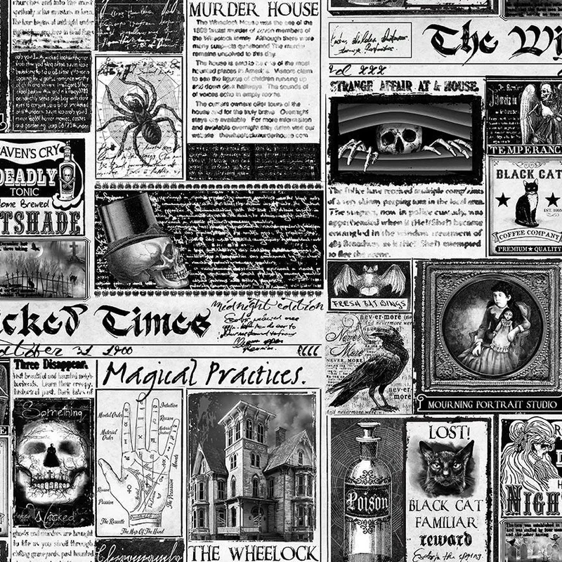 PICK YOUR POISON: Wicked Time Newspaper-White (1/4 Yard)