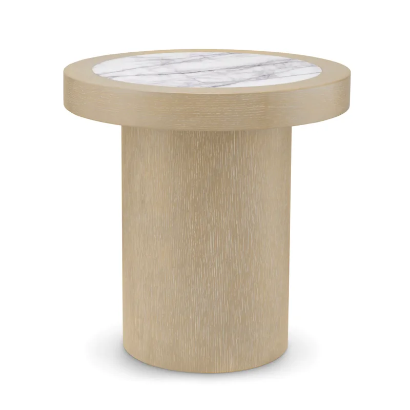 Presedio Side Table - Washed Oak Veneer/ Bianco Lilac Marble, 19.69"Dia