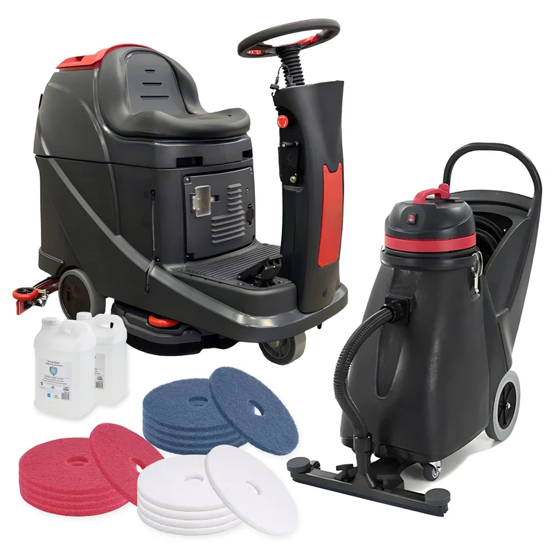Professional Floor Care Package: Ride-On Scrubber, Vacuum, Pads & Cleaner