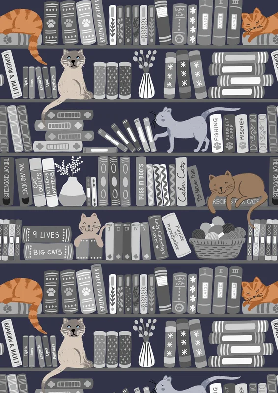 PURFECT BOOK CLUB: Bookshelves and Cats-Greys (1/4 Yard)