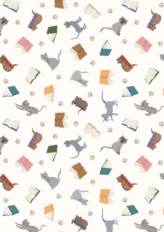 PURFECT BOOK CLUB: Scattered Cats and Books-Cream (1/4 Yard)