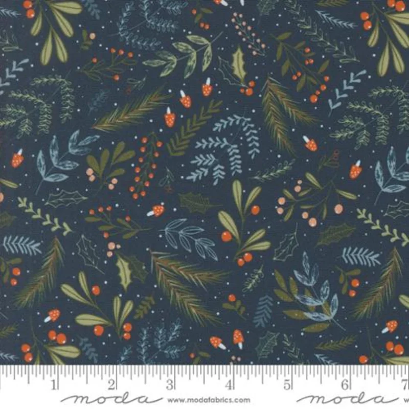 PURRFECT CHRISTMAS: Holly and Pine Florals-Midnight (1/4 Yard)