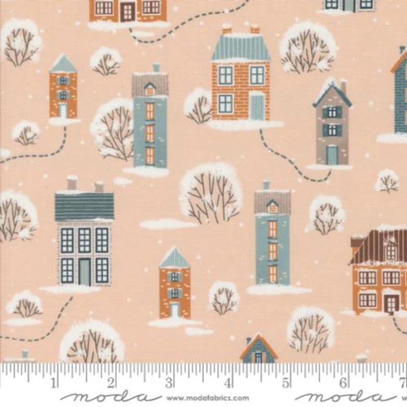 PURRFECT CHRISTMAS: Snowy Town Landscape-Bubblegum (1/4 Yard)