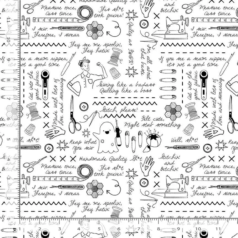 QUIET RIOT: Sweary Stitching 108-White (1/4 Yard)