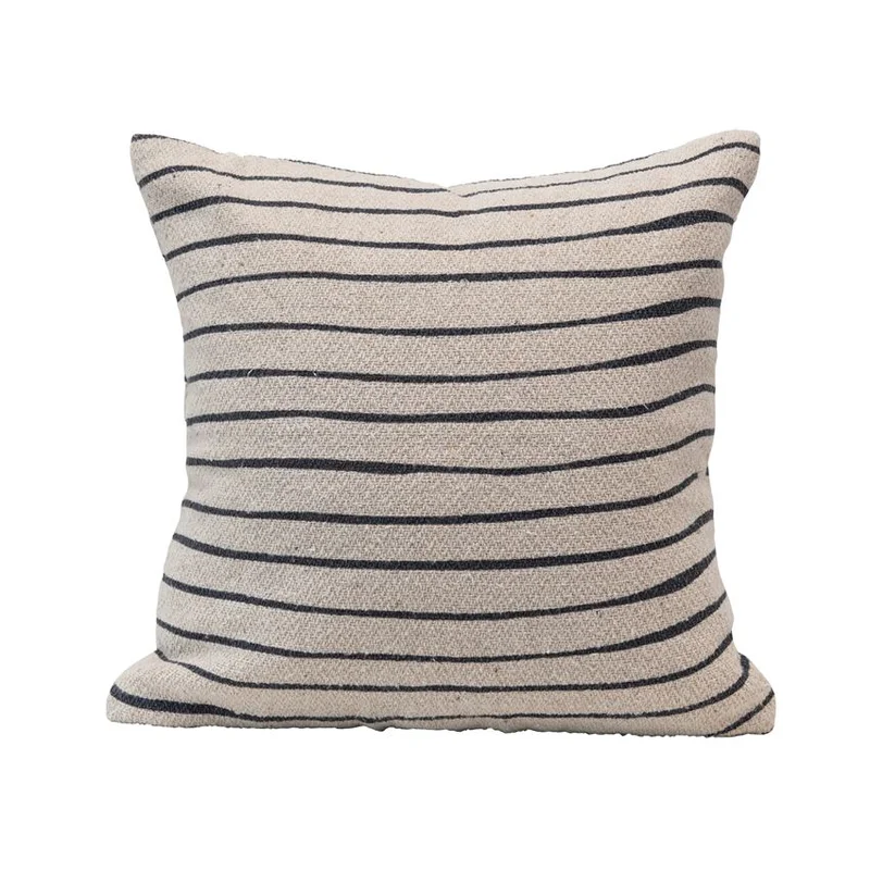 Recycled Cotton Blend Pillow With Stripes, Black & Cream Color