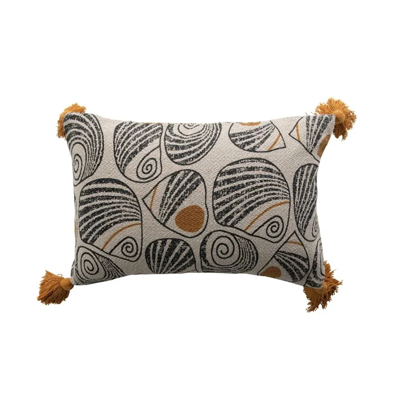 Recycled Cotton Blend Printed Lumbar Pillow with Tassel, Black / Mustard