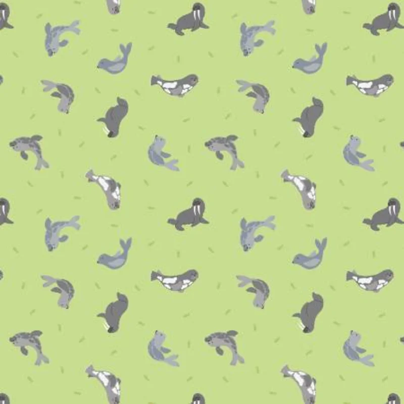 SMALL THINGS...POLAR ANIMALS: Iced Lime Seals Pearlized (1/4 Yard)