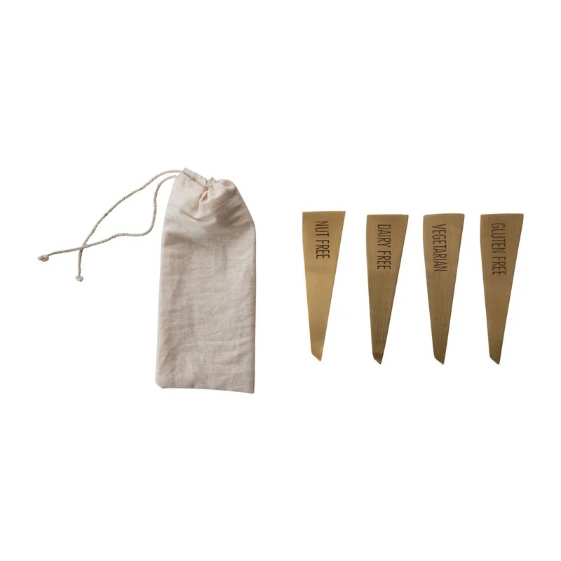 Stainless Steel Food Markers, Brass Finish, Set of 4 in Drawsting Bag